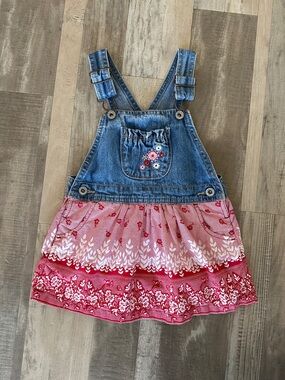 Oshkosh Denim & Red Floral Girls' Overall Dress Vestback Embroidered
